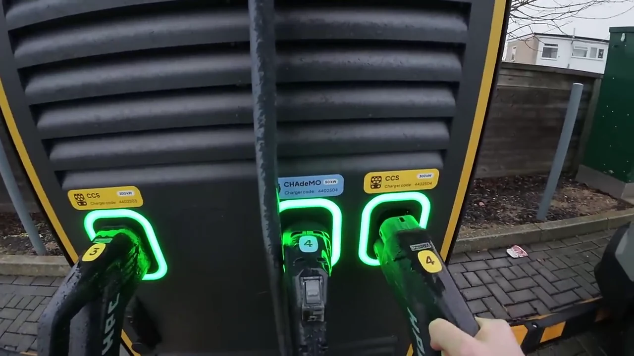 CCS fast charging connectors at a public EV charging station