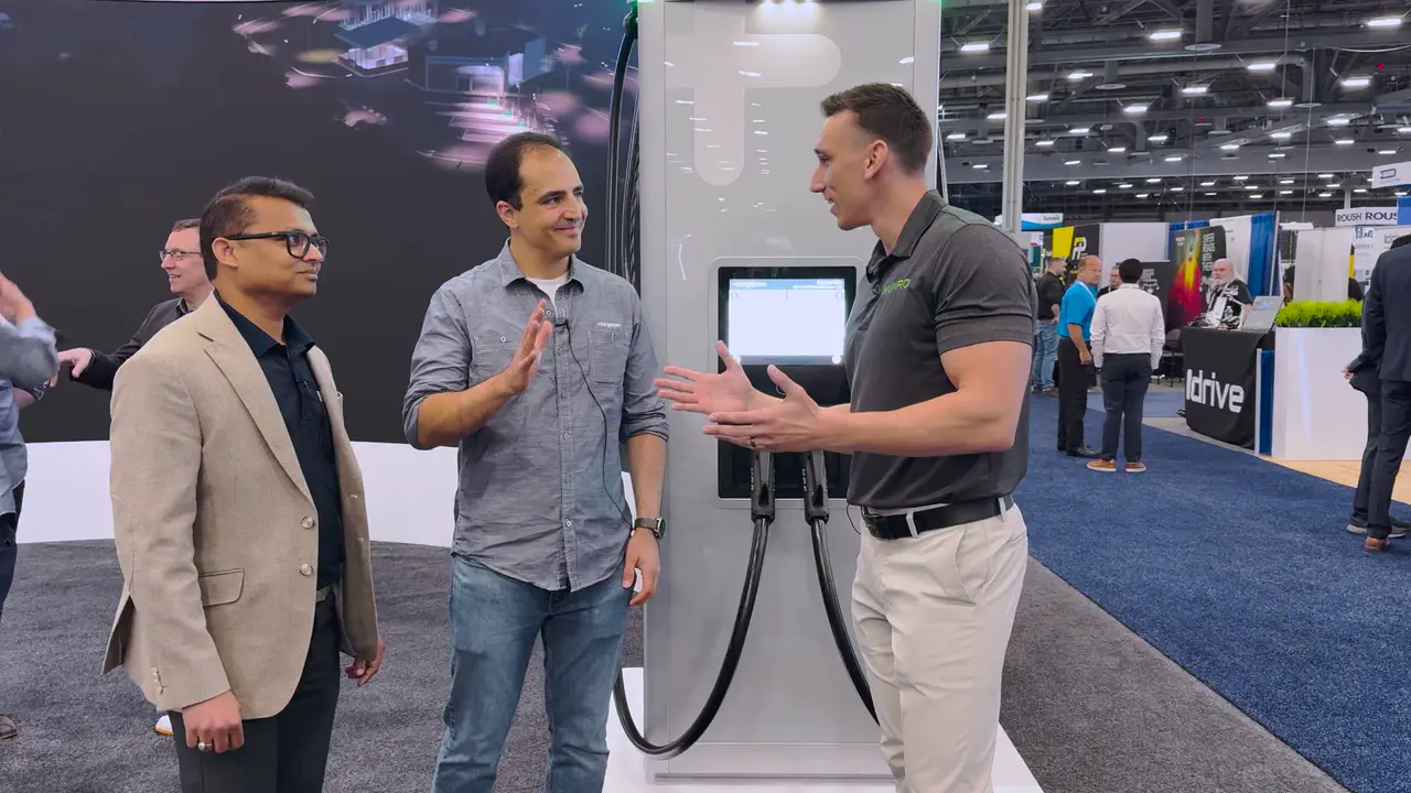 ChargePoint Express Solo 600kW demo at ACT Expo 2026 showing the standalone EV charging station and Eaton partnership