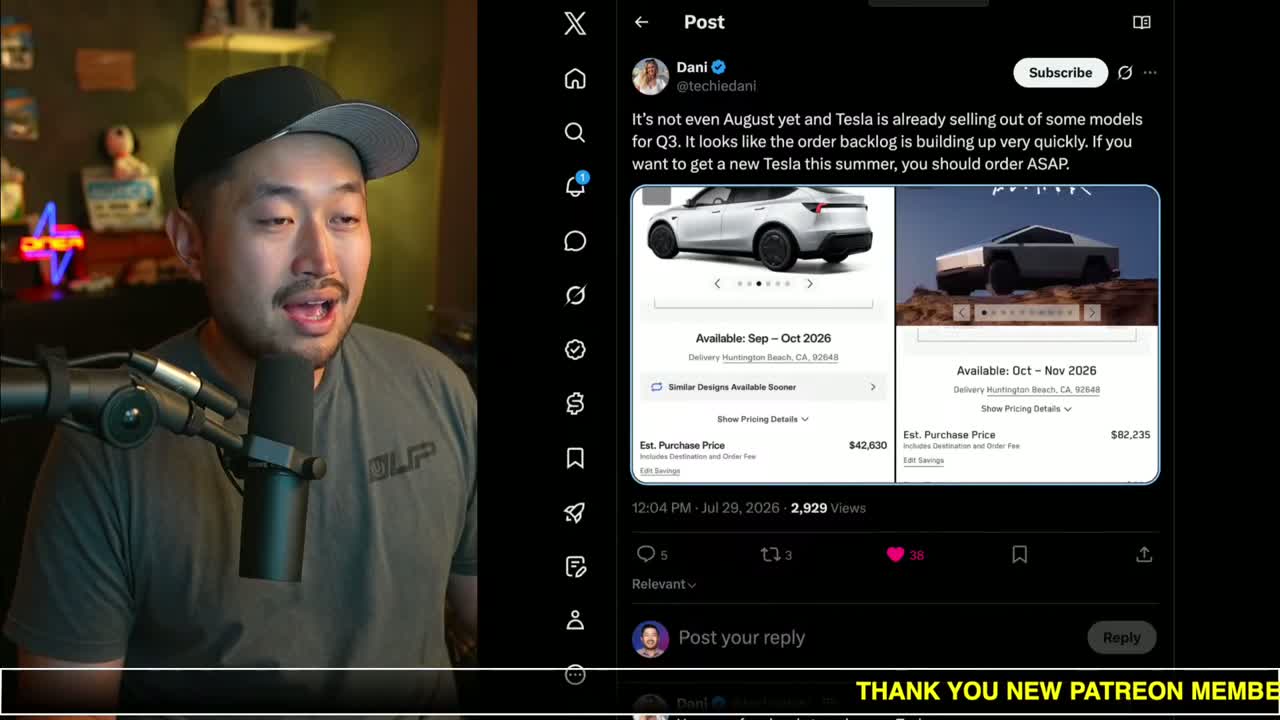 Tesla Model Y inventory and delivery-time chart discussed in the stream