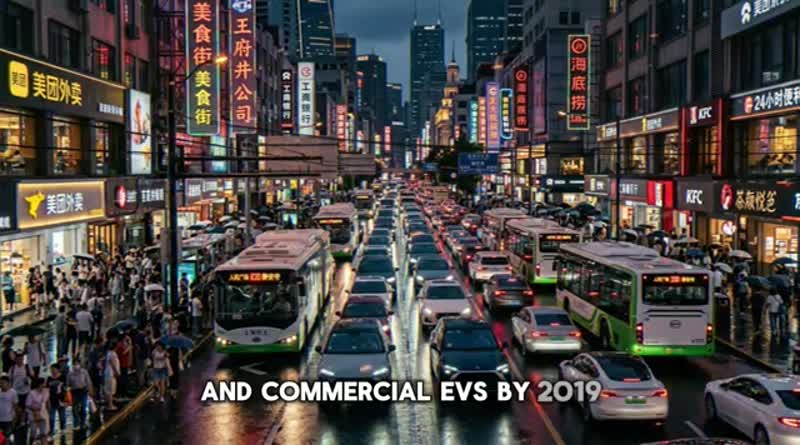 Electric cars and buses on a busy Chinese street