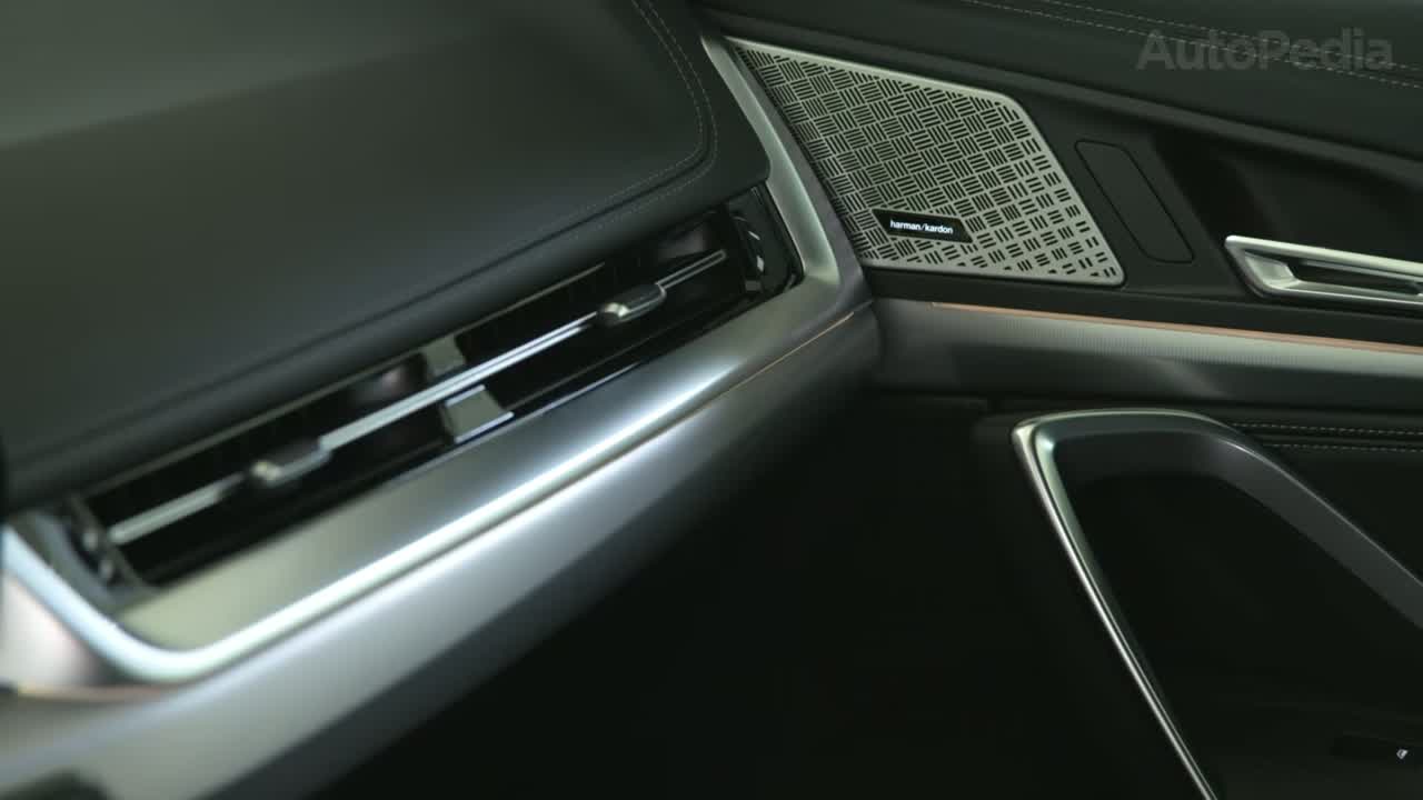 Detail of a luxury EV interior door panel with Harman Kardon speaker grille and aluminum trim, illustrating the premium materials common to this segment.
