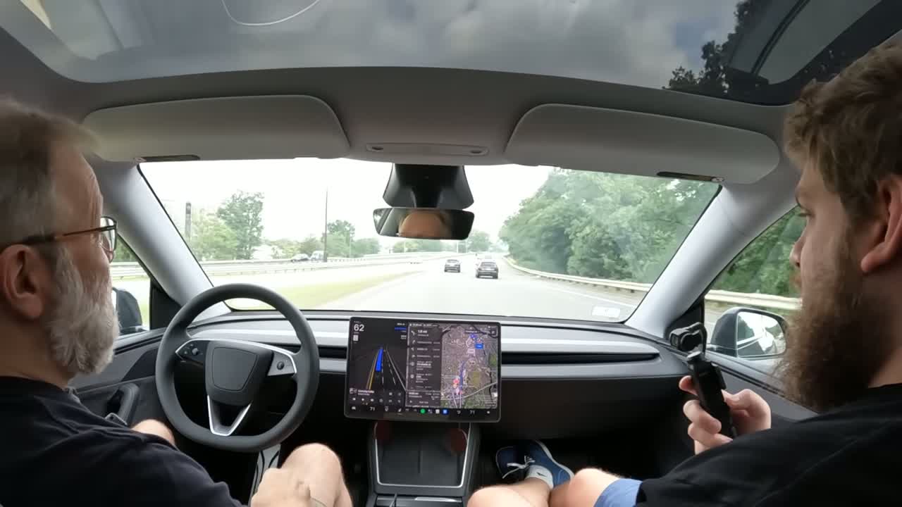 Tesla Model Y running FSD 14.3.6 through city traffic during the Now You Know test drive