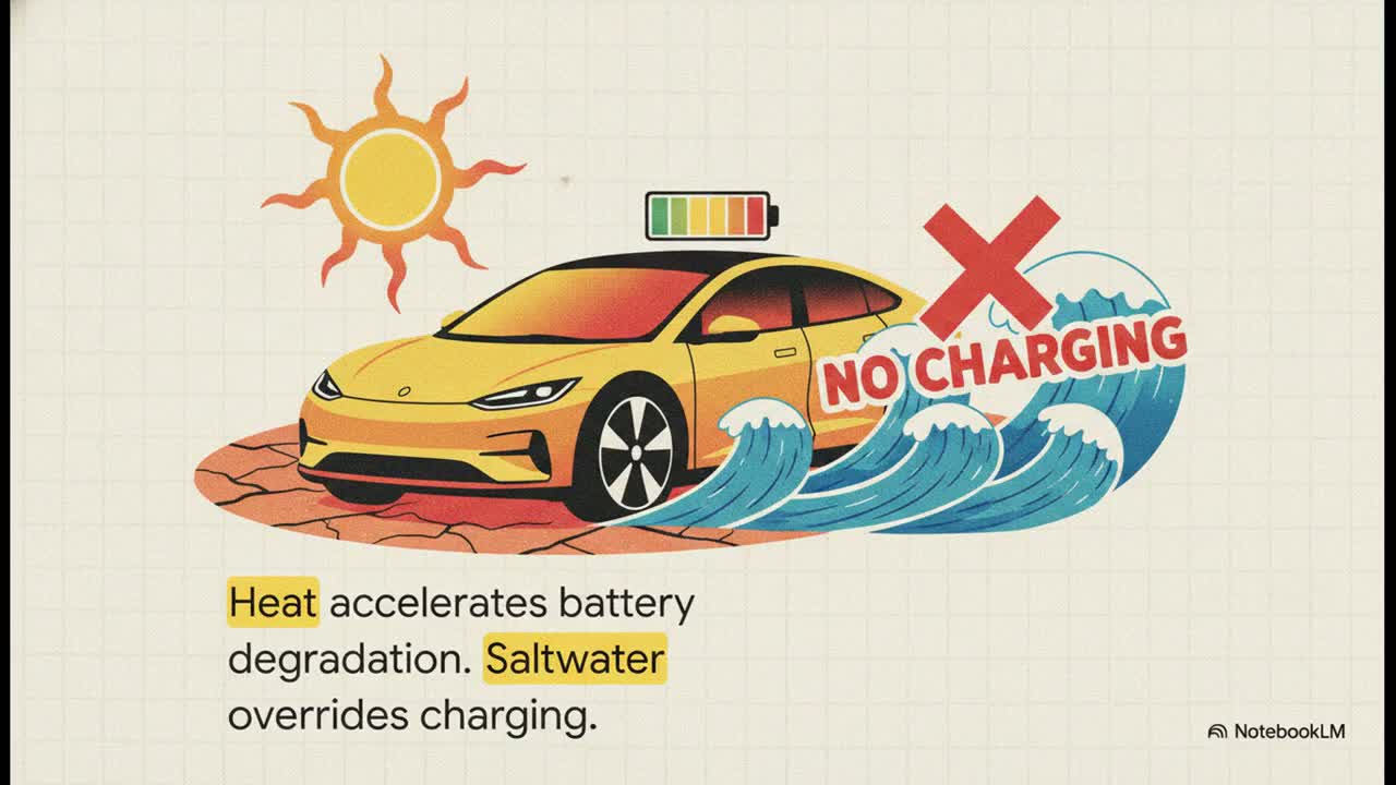 Heat accelerates battery degradation and saltwater overrides charging, why flooded EVs must be flatbed-towed not charged